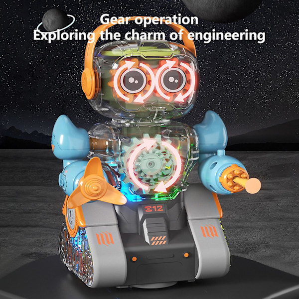 Elektrisk gennemsigtig gear robot universel gående musik lys piger og drenge robot legetøj fødselsdag gave ferie gave til drenge og piger[HK] Blue