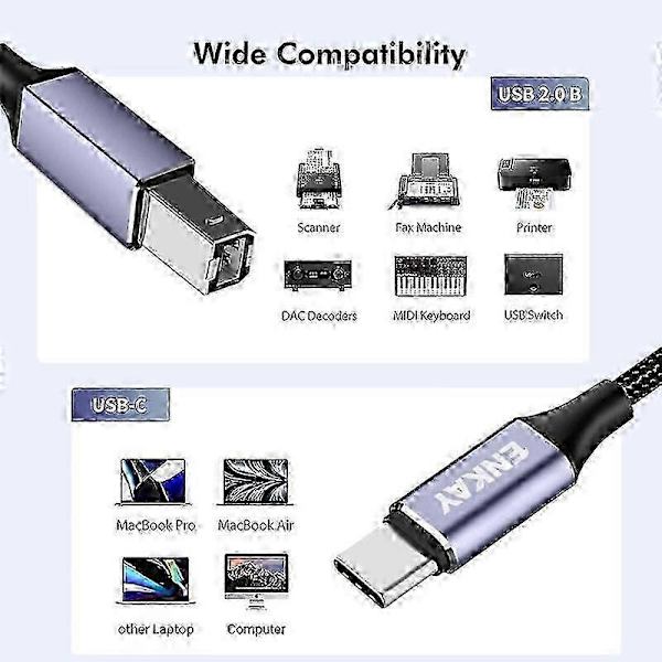 Længde: 2m ENKAY Type-C til USB 2.0 B printerkabel USB-C scanner nylonflettet ledning til computer bærbar [HK]