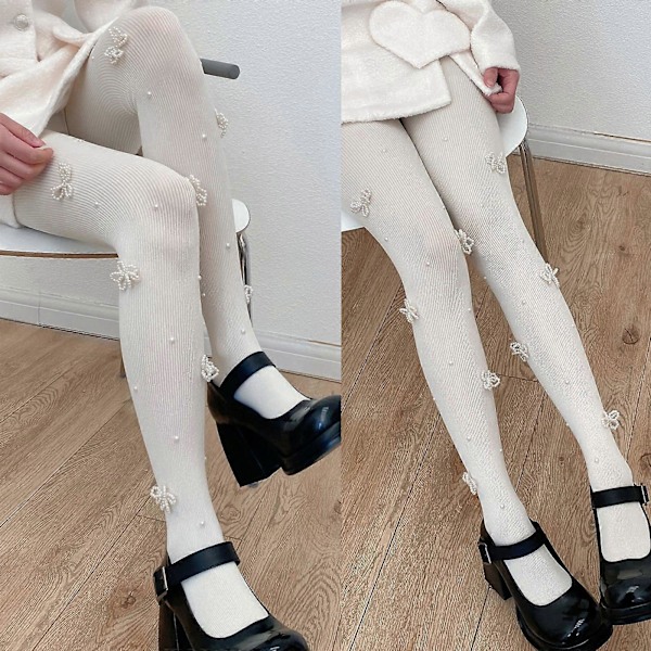 Dam Höst Ribbade Opaque Tights Söta Imitationspärlor Rosett Pärlförsedda Tights Lolita Kawaii Enfärgade Leggings Strumpbyxor Clubwear[HK] White