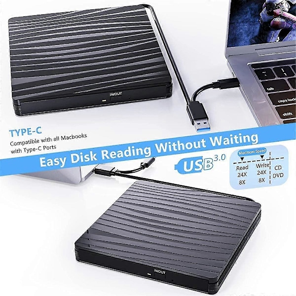 Ekstern CD/DVD-drev til bærbar computer, USB 3.0 Type-C Bærbar CD DVD +/-rw Brænder Optisk Drev Læser Skriver DVD-afspiller (HK)