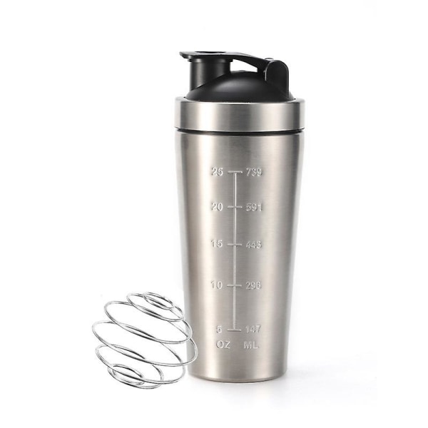 Ruostumattomasta teräksestä valmistettu heraproteiini-shaker-pullo sekoituspallolla ja mittamerkinnöillä, BPA-vapaa, kuntosalille ja urheiluun, veden sekoituskuppi [HkkK] Silver 739ML 25OZ