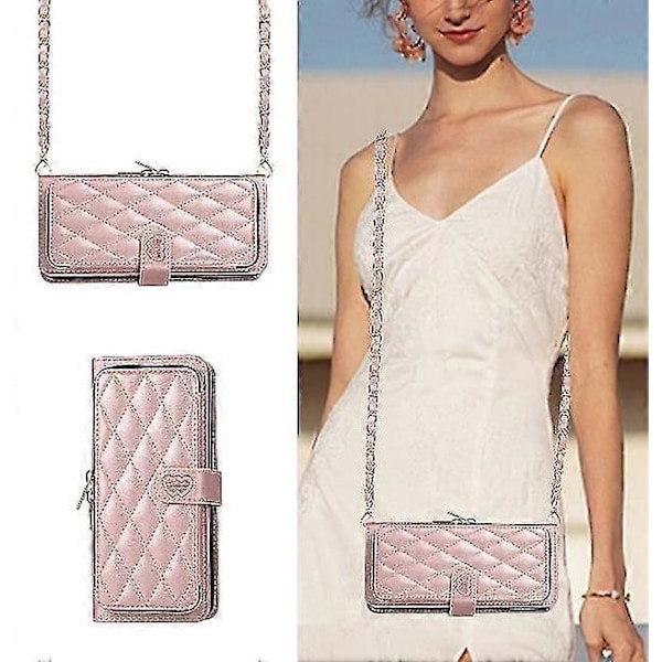 Crossbody Lanyard Dragkedja Läder Z Fold 5 Fodral, Fodral Kompatibelt Samsung Galaxy Z Fold 5 Lyxigt Handledsrep Flip Ställskydd [HK] Rose gold