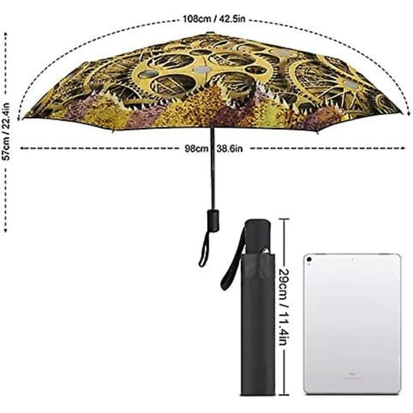 Hieno Steampunk-hammasrataskuvioinen automaattinen kokoontaitettava matkasateenvarjo, kompakti kokoontaitettava ulkosateenvarjo naisille ja miehille bd011703[HK] One Size COLOR