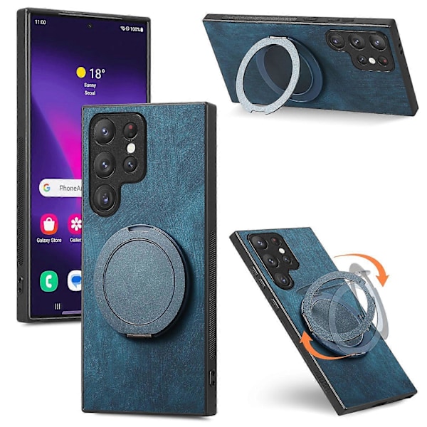 För Samsung Galaxy S24 Ultra Mobilskal med Roterande Stöd Stresslindring Retro Läder Baksida [HK] Blue Multicolor