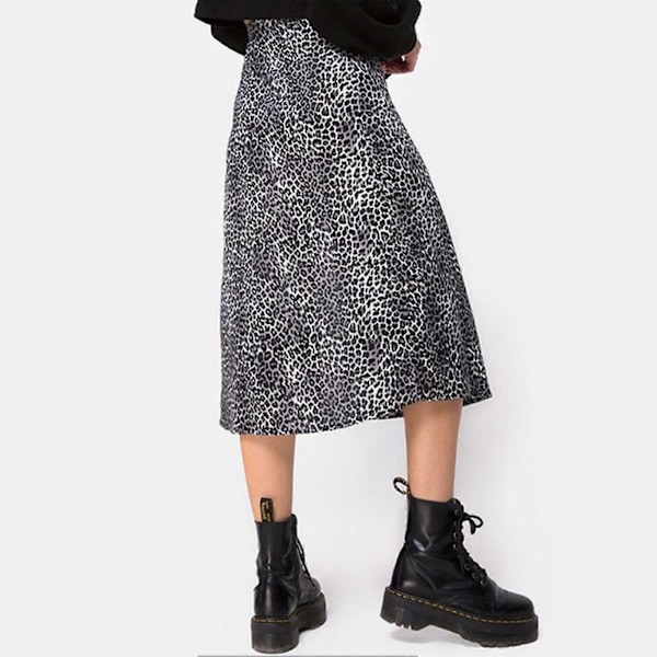 Sexig sidosprund midikjol för damer, hög midja A-linje midikjol för strand, dejt, fest, semester [HK] XL Leopard Black