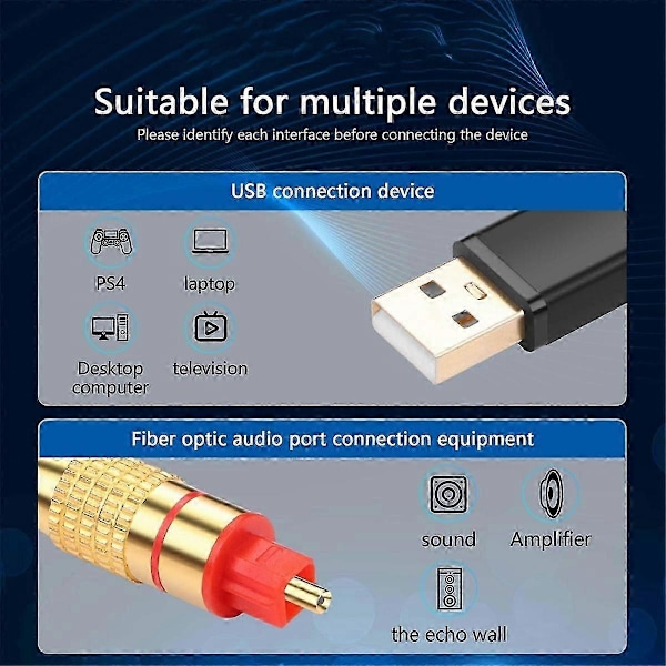 USB til Optisk Lydadapter USB A til Fiber Optisk Lyd SPDIF Port Tilkobling Lydkonverter Kabel (HK)