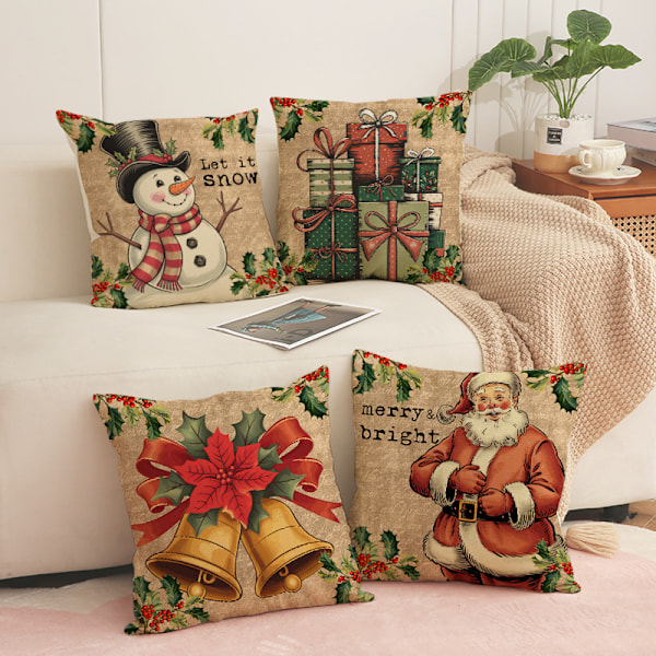 Sett med 4 Juleputetrekk i Retro Stil, Julefestdekorasjoner for Sofa, Soverom, Putesett ved Sengen