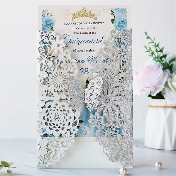 20 sæt sommerfugle invitationskort Blonde bryllupsinvitationer med konvolutter(sølvglitter)([HK])