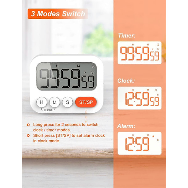 Digital Timer Æggeur Digitalt Køkkenur med Ur, Stopur, Vækkeur, Magnet, 3-Niveaus Lydstyrke, LCD-Display til Læring, Madlavning, [HK]