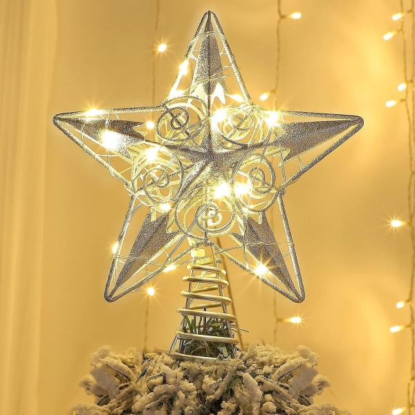 Star Tree Topper med 20 LED-lys, sølvbelyst trætop juletræsdekoration, 9 tommer (H)[HK] Silver