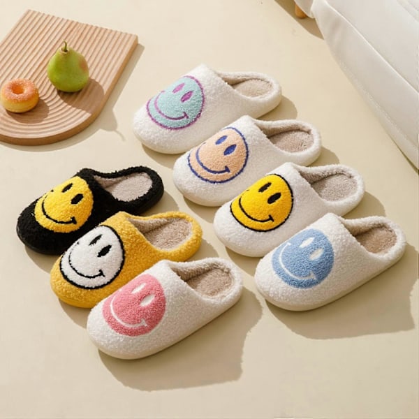 Retro Smile Face Tøfler, Happy Face Tøfler for Kvinner, Myke Plysj Komfortable Preppy Dame Tøfler, Smile Cushion Slides, Fluffy Hjemmesko [HK] 37 and 38 feet