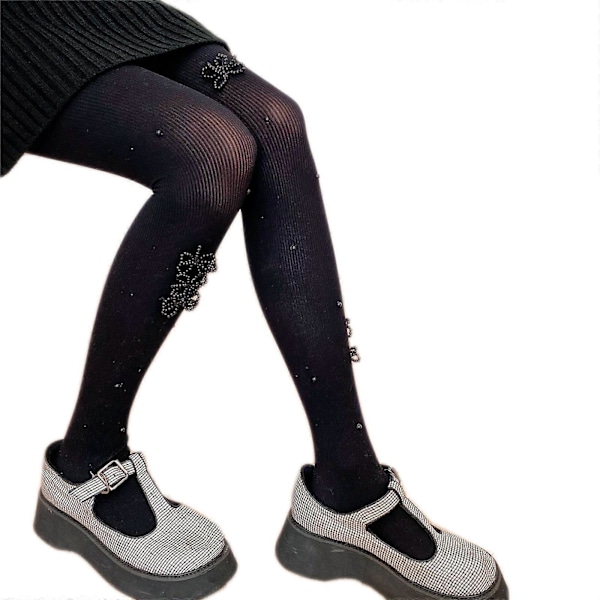 Naisten syksyn uurretut läpinäkymättömät sukkahousut makea helmi-rusettikoristeinen Lolita Kawaii -tyylinen yksivärinen leggingsit sukat [HK] Black