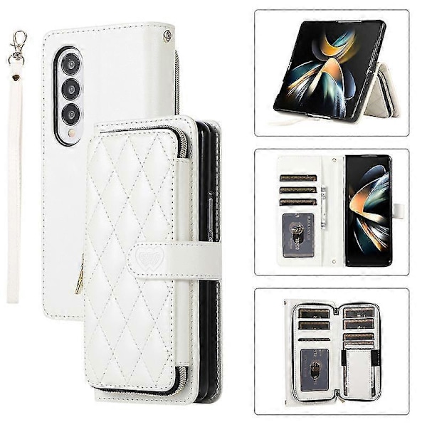 Crossbody Lanyard Dragkedja Läder Z Fold 5 Fodral, Fodral Kompatibelt Samsung Galaxy Z Fold 5 Lyxigt Handledsrep Flip Ställskydd [HK] White