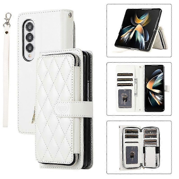 Crossbody Lanyard Lynlås Læder Z Fold 5 Etui, Etui Kompatibel Samsung Galaxy Z Fold 5 Luksus Håndledsreb Flip Stand Cover[HK] White