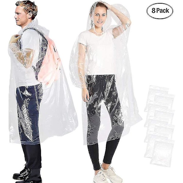 HKK Bärbar Engångsregnrock Genomskinlig Och Transparent, Regnponcho Med Huva Och Ärmar Regnskydd För Vuxna (8-pack Transparent)