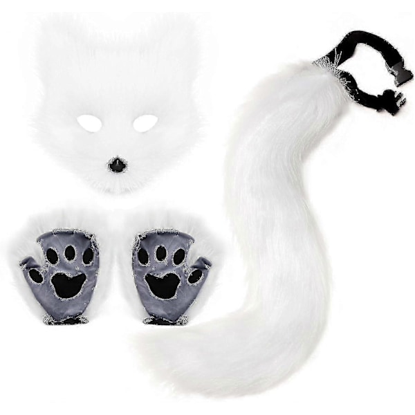 Falsk pels ræv hale kæledyr ulv cosplay kostume sæt plys maske fluffy pote handsker Halloween jul [HK] White 1