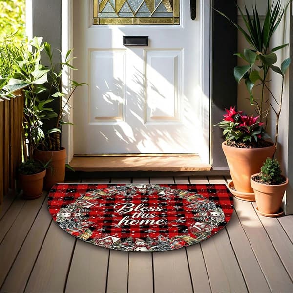 Halvcirkelformet gulvmåtte med rødt og sort ternet juledesign[HK] 40x60cm