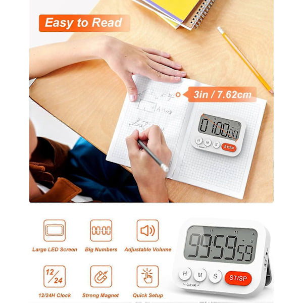 Digital Timer Æggeur Digitalt Køkkenur med Ur, Stopur, Vækkeur, Magnet, 3-Niveaus Lydstyrke, LCD-Display til Læring, Madlavning, [HK]