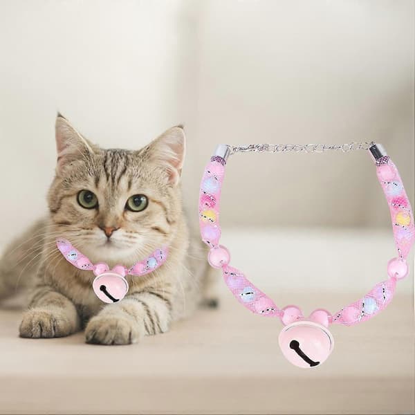 Justerbart pärlhalsband för husdjur med bjällra [HK] Pink
