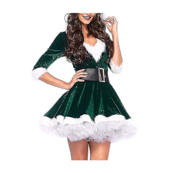 Voksen Kvinders Julekjole Santa Outfit Fru Claus Kostume Fastelavnskostume Julekjole Tyk Varmt Mini Kjole [HK] SGrøn