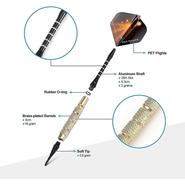 Plastspidspile, 18 g blødt dartpilesæt til elektronisk dartskive, 12 dartpile med 36 fly og 100 spidser, 20 gummi O-ringe[HK]