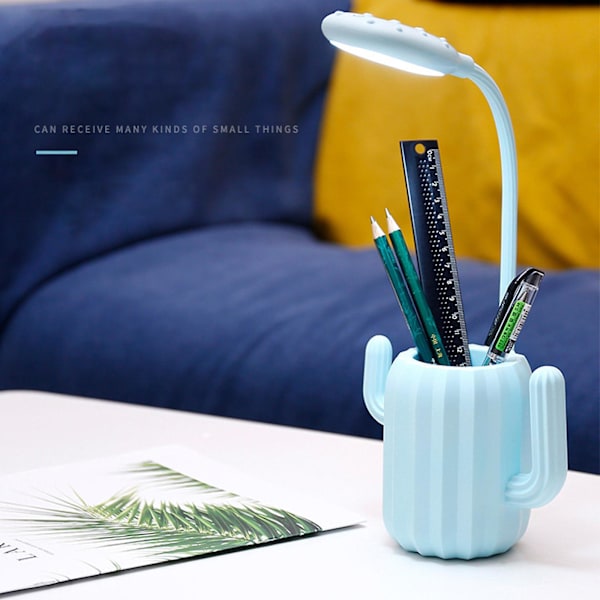 Lampe Øyebeskyttelse Bordlampe Kaktus Penneholder LED Bordlampe Lading Student Nattbord Hybel Lesing Naturlig Lys Bordlampe Skrivebordslampe[hk] Light Blue