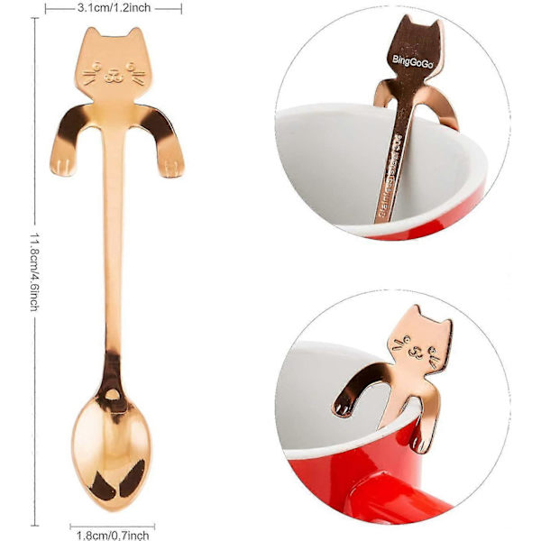 Sød kat, kaffeske, teske, rustfrit stål, 4 stk (rosaguld)