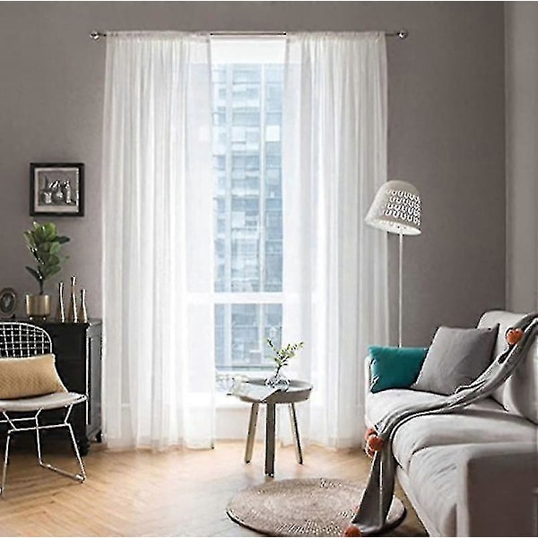 Tyldgardiner med flæser i linnedoptik, transparent [HK] White