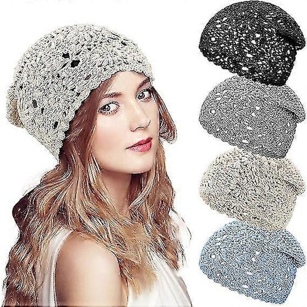 4 st Virkad Slouchy Mössa Höst Handgjord Stickad Blommig Skull Cap Bomull Utskuren Sommarmössa Lättvikt Stickad [HK]