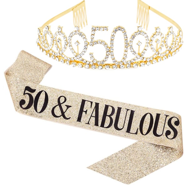50 and Fabulous Sash & Rhinestone Tiara Set - 50th Birthday Sash 50 Bursdagsgaver Festfavoritter,gull