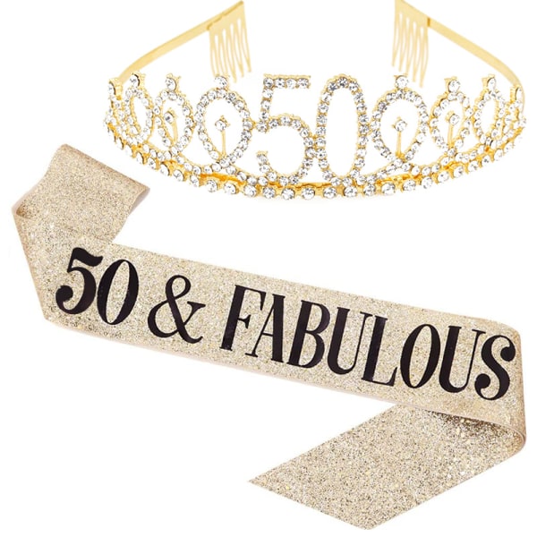 50 og fabelaktig skjerf og tiara med rhinestones - 50-årsdag skjerf 50-årsdagsgaver festutstyr, gull