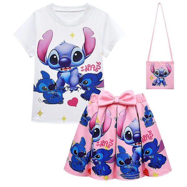 Barnflickor Lilo & Stitch Tryckt T-shirt + Rosettveckad Kjol + Crossbody Väska Set Fest Cartoon Klänning Outfit Gåvor[HK] Pink 7-8 Years