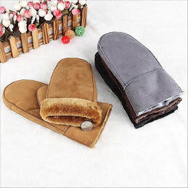 Herre Dame Faux Fåreskind Læderhandsker Opvarmede Pelsvanter Ruskind Læder Vinter Udendørs Tykke Varme Cashmere Handsker[HK] Women Black