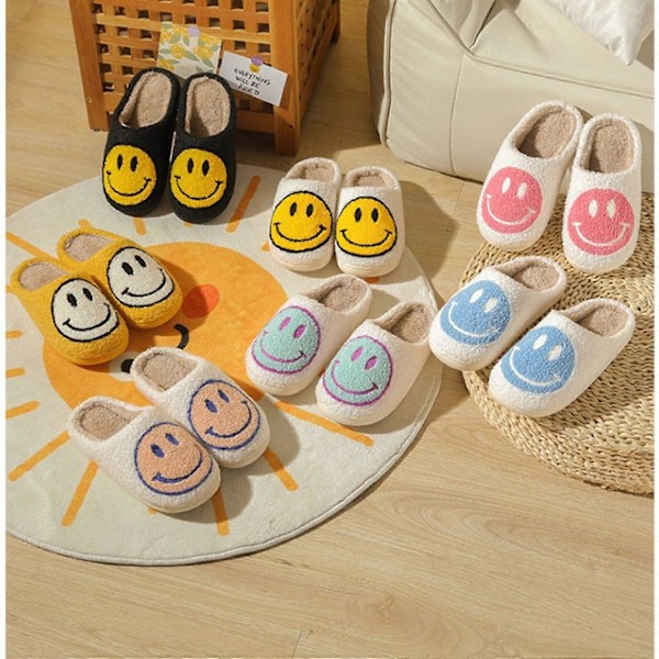 Retro Smile Face Tøfler, Happy Face Tøfler for Kvinner, Myke Plysj Komfortable Preppy Dame Tøfler, Smile Cushion Slides, Fluffy Hjemmesko [HK] 37 and 38 feet
