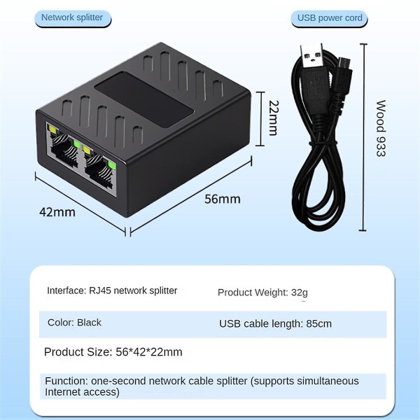 1 til 2 Ethernet-nettverkskabel Nettverk Rj45 Splitter 100m koblingskontakt Forlengeradapter for com([HK])