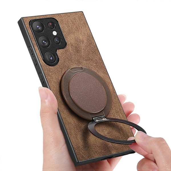 For Samsung Galaxy S24 Ultra Telefondeksel med Roterende Støtte Stress Relief Retro Lær Bakdeksel [HK] Brown Multicolor