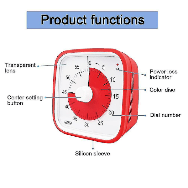 Visuel nedtællingstimer, overdimensioneret visuel timer til klasseværelset for børn og voksne, holdbart mekanisk køkkenur [HK] Red