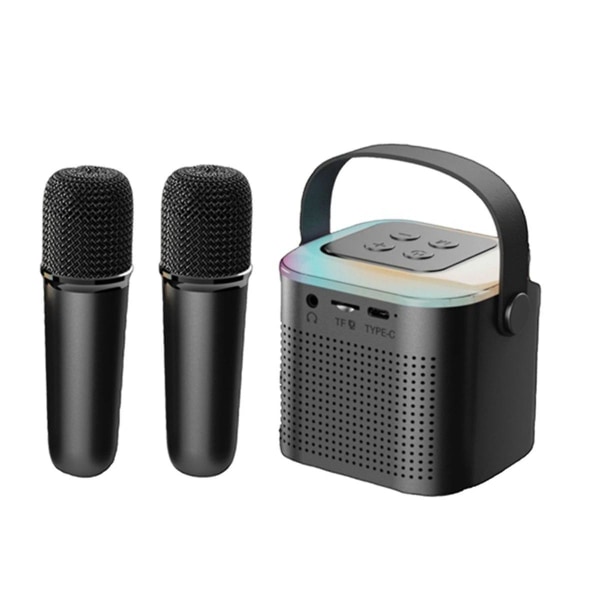 Bærbart Bluetooth 5.3-høyttalersystem med 2 trådløse mikrofoner Hjemmesyngende høyttaler Svart([HK])