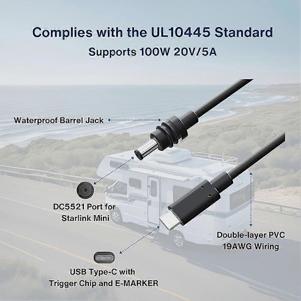 For Starlink Mini USB C til DC 5.5mm x 2.1mm Strømkabel, 20V 100W Ladekabel, Erstatningskabel til Starlink Mini Dele[HK] size 2m
