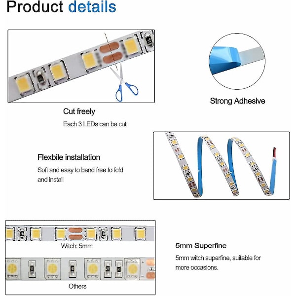 HKK 12v LED-strimmel, 1 cm bred, 3000k LED-strimmel 5m varm hvid 2835 Ip65 120 LED'er/m, i alt 600 LED'er LED-lysbånd til soveværelse, køkkendekoration