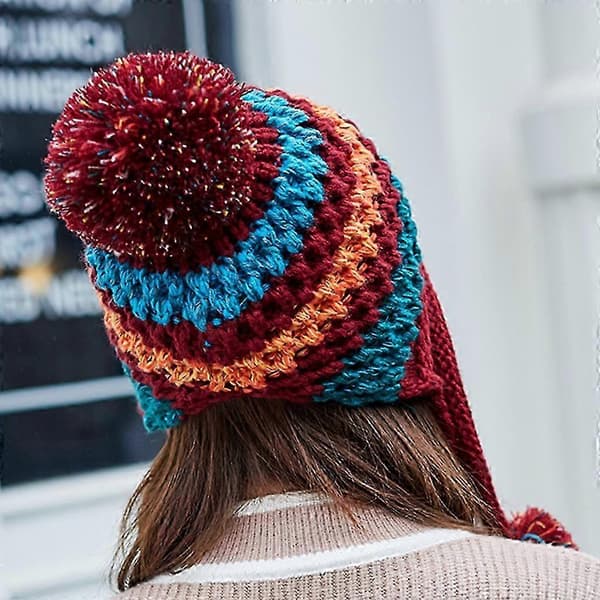 Farvematchende strikhue ørebeskyttelse pompom uldhue vild til Halloween jul [HK] Black