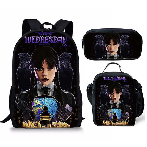 Wednesday Addams Karaktärstryckt Skolväska Barnryggsäck Tredelad Set För Barnpresenter P[HK] Only a pen bag