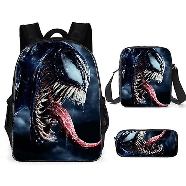 Venom Skoletaske Anime Notesbog Laptop Rygsæk Skoletaske Messenger Taske Blyantsæt 3-delt sæt[HK]