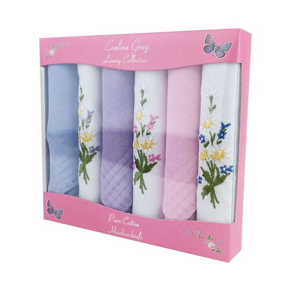12 stk. Dame/Kvinder Hvide Blomster Broderede Lommetørklæder Med Satin Stribe Kanter, 100% Bomuld[HK] Pack Of 6 Multicoloured
