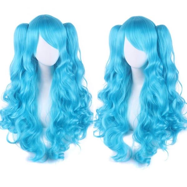 JUSCH Lolita Lång Lockig Clip on Hästsvansar Cosplay Peruk, Dubbel hästsvans tiger clip lång lockig peruk (Azure Blue),WZ-1357R[HK]