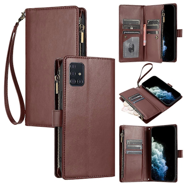 Fodral för Samsung Galaxy A71 4G Kortplatser PU Läder Folio Flip Plånbok Dragkedja Kompatibel med Samsung Galaxy A71 4G Fodral[HK] Brown