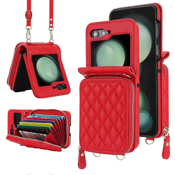 Til Samsung Galaxy Z Flip 6 Wallet Case med Kortholder og Justerbar Rem, Stilfuld Robust Stødsikker Læder Case[HK] For Galaxy Z Flip 6 Red