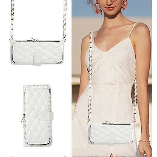 Crossbody Lanyard Dragkedja Läder Z Fold 5 Fodral, Fodral Kompatibelt Samsung Galaxy Z Fold 5 Lyxigt Handledsrep Flip Ställskydd [HK] White