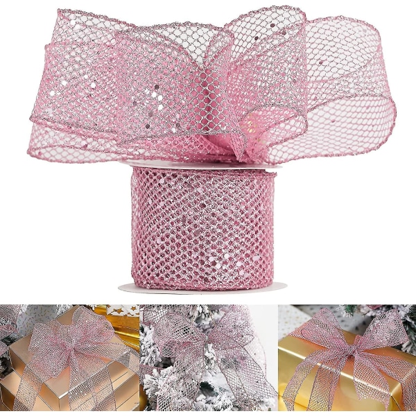 Pink Glitter Wired Ribbon Web Mesh Ribbon Wired Metallic Sparkling Wire Edge Ribbon Til Gaveindpakning Kranse Fremstilling[HK]