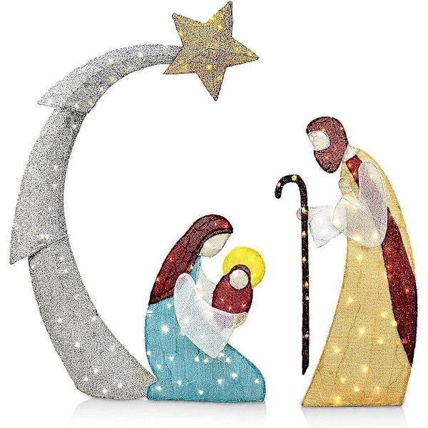 Julekrybbe med LED-lys, 2023, Lysende Silhuett av Jesu Fødsel med Staker, Utendørs Hagehage Lampe Dekorasjon Julepynt [HK] C
